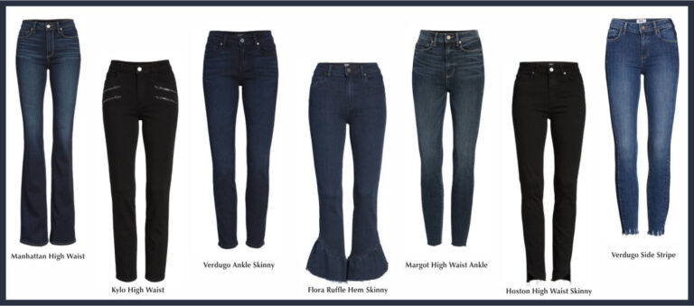 Picture of 7 pairs of cute Paige jeans. All different styles and all blue denim or black.