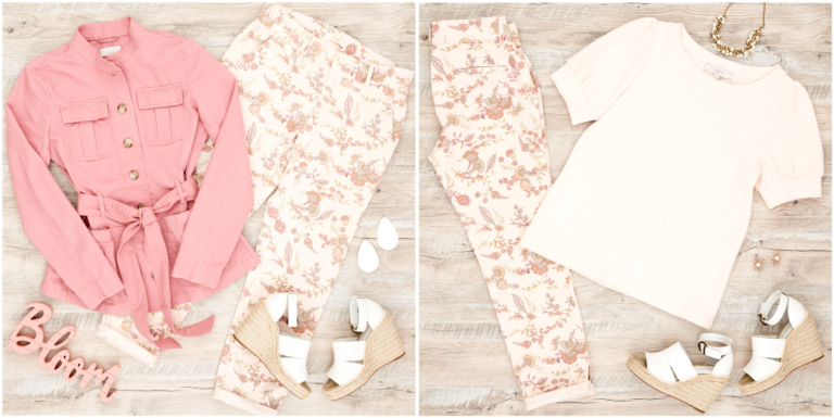 Two Flat Lay photos of floral pants outfits